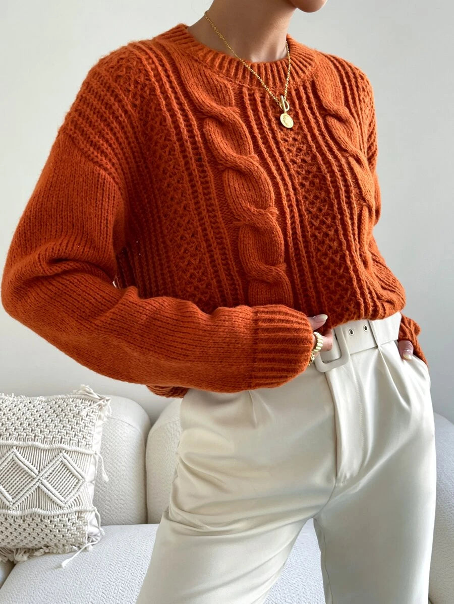 Chiquease 1pc Women Oversized Solid Color Round Neck Drop Shoulder Long Sleeve Casual Pullover Sweater, Autumn/Winter,Long Sleeve Tops Knit Pullover Fall Outfit