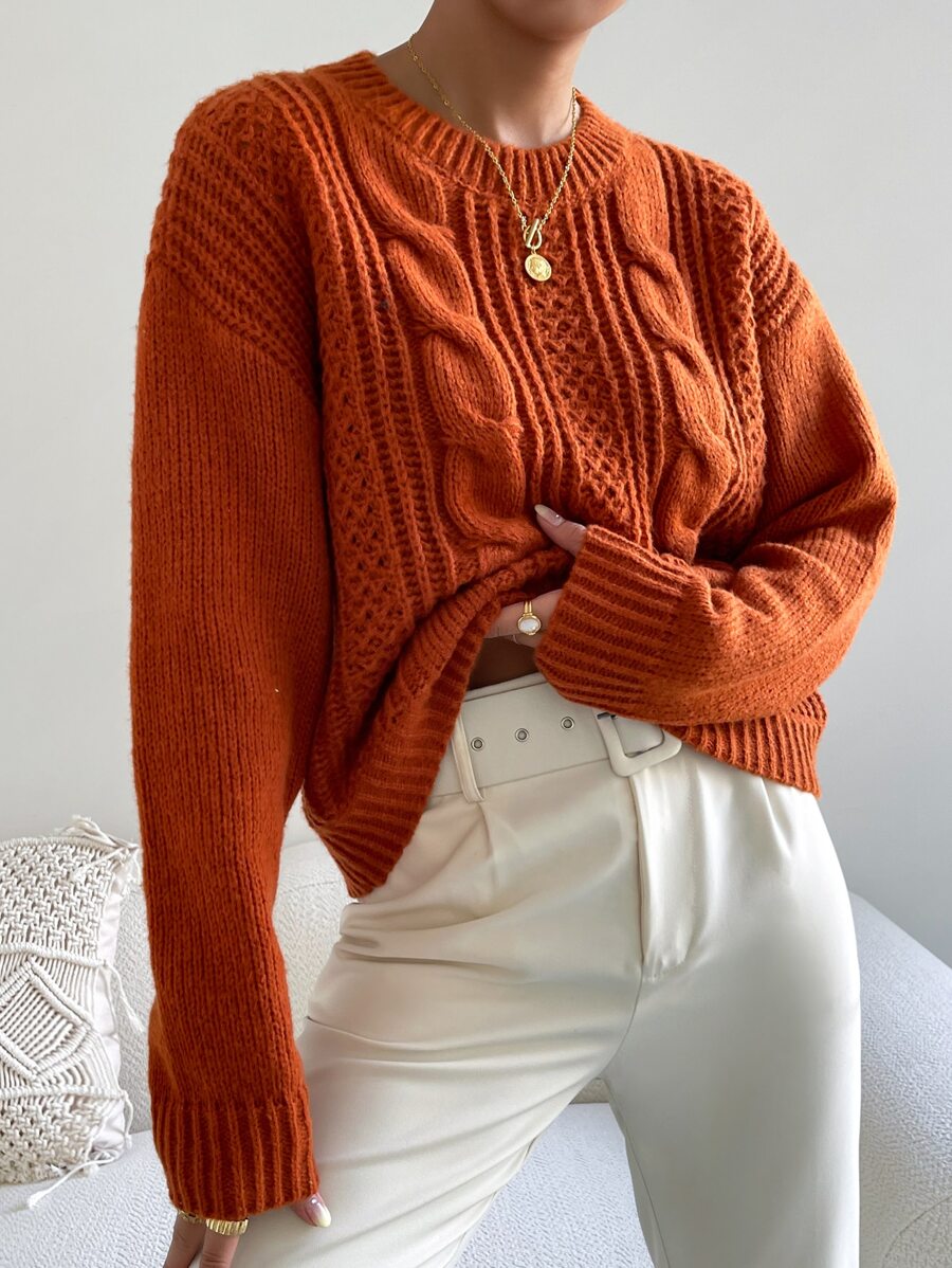 Chiquease 1pc Women Oversized Solid Color Round Neck Drop Shoulder Long Sleeve Casual Pullover Sweater, Autumn/Winter,Long Sleeve Tops Knit Pullover Fall Outfit
