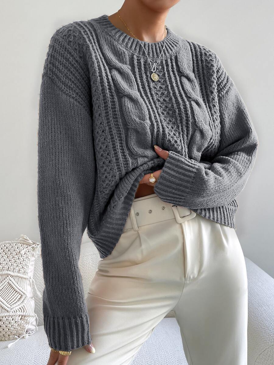 Chiquease 1pc Women Oversized Solid Color Round Neck Drop Shoulder Long Sleeve Casual Pullover Sweater, Autumn/Winter,Long Sleeve Tops Knit Pullover Fall Outfit