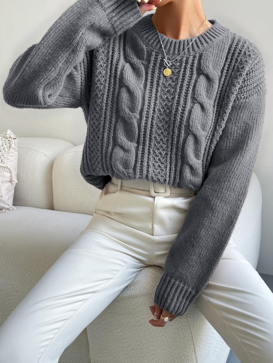 Chiquease 1pc Women Oversized Solid Color Round Neck Drop Shoulder Long Sleeve Casual Pullover Sweater, Autumn/Winter,Long Sleeve Tops Knit Pullover Fall Outfit