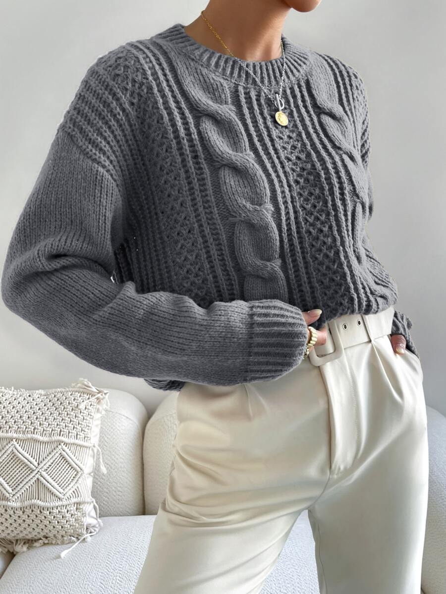 Chiquease 1pc Women Oversized Solid Color Round Neck Drop Shoulder Long Sleeve Casual Pullover Sweater, Autumn/Winter,Long Sleeve Tops Knit Pullover Fall Outfit