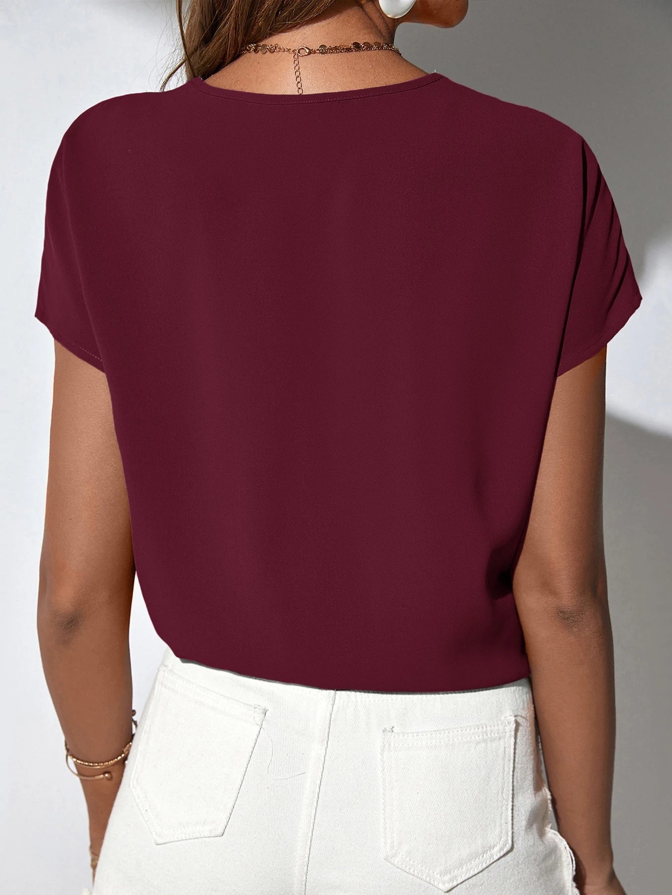 Classy Contrast Guipure Lace Dolman Sleeve Blouse, Short Sleeve Tops.