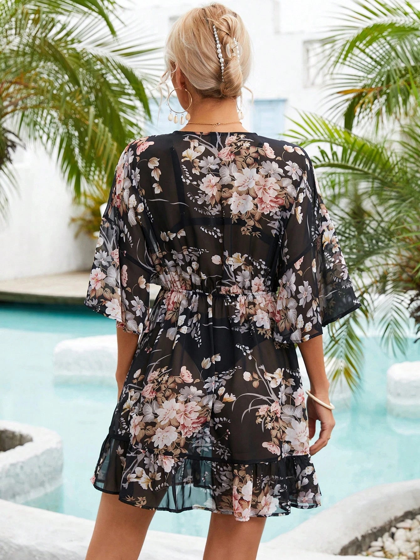 Women's swimwear Floral Print Tie Front Ruffle Hem Cover Up Without Bikini Set Summer