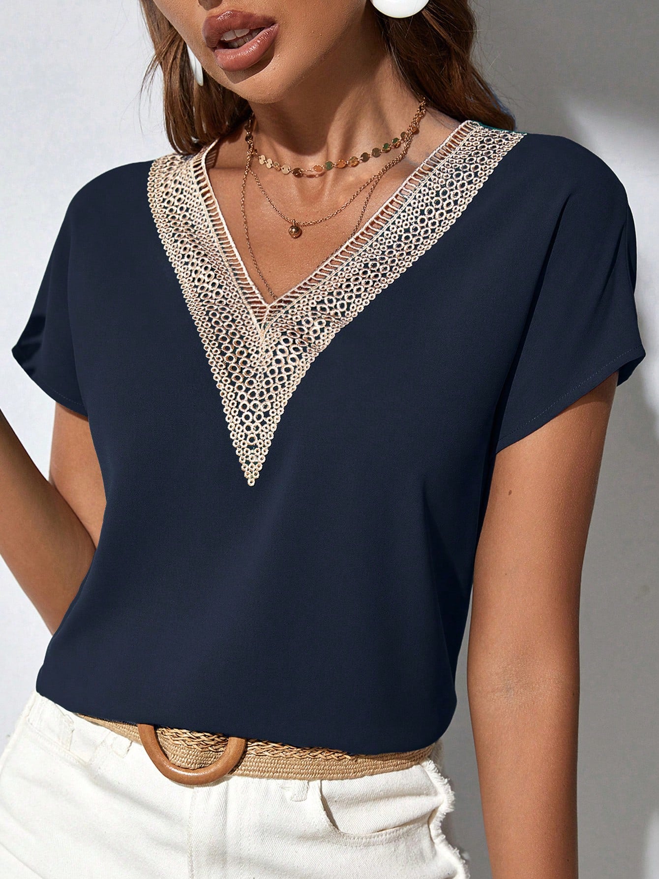 Classy Contrast Guipure Lace Dolman Sleeve Blouse, Short Sleeve Tops.