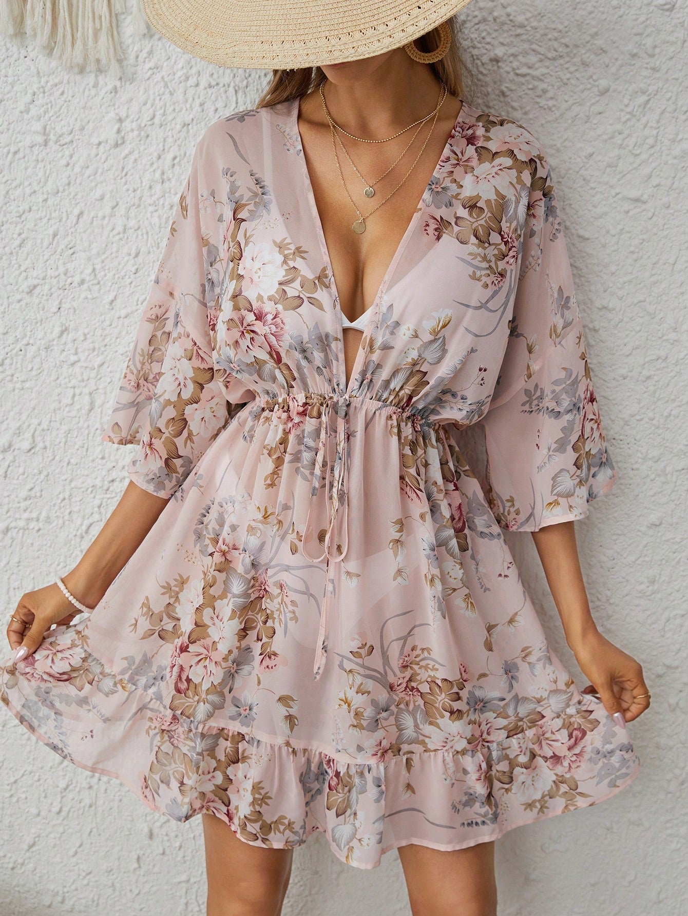 Women's swimwear Floral Print Tie Front Ruffle Hem Cover Up Without Bikini Set Summer