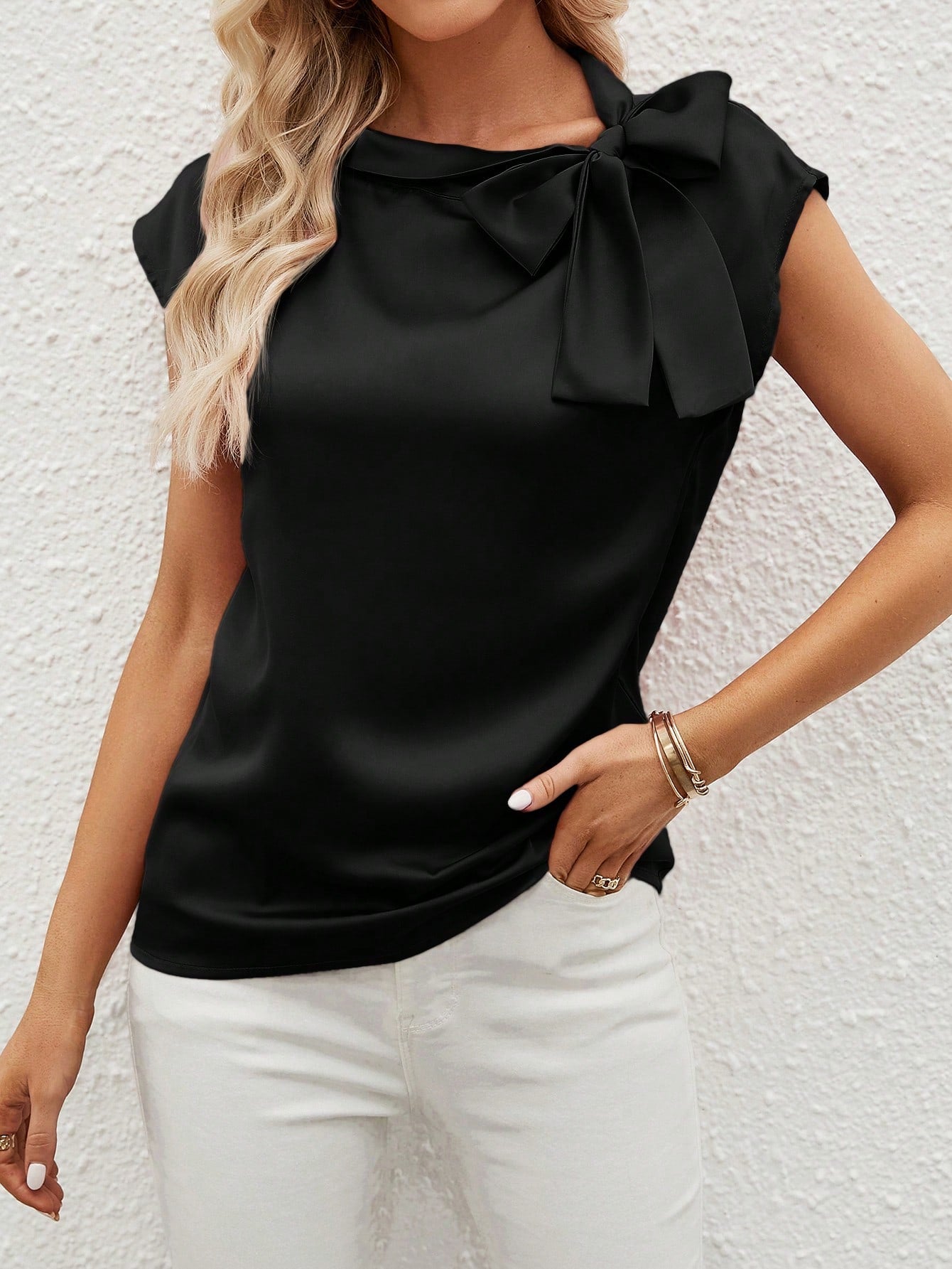 Classy Women Summer Elegant Solid Color Tie Collar Blouse.