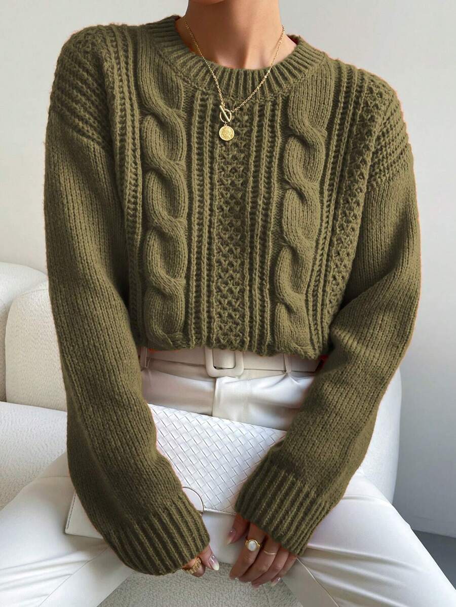 Chiquease 1pc Women Oversized Solid Color Round Neck Drop Shoulder Long Sleeve Casual Pullover Sweater, Autumn/Winter,Long Sleeve Tops Knit Pullover Fall Outfit