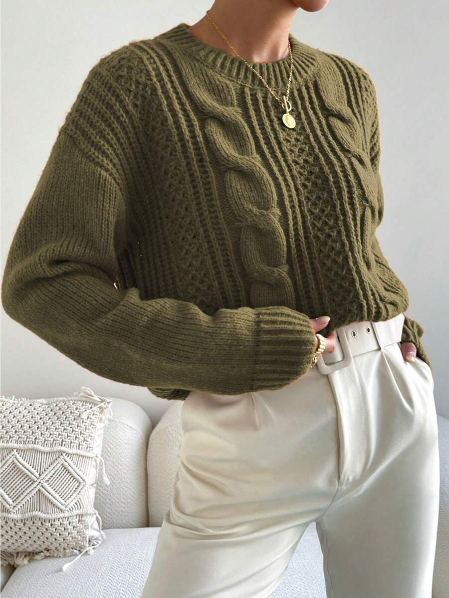 Chiquease 1pc Women Oversized Solid Color Round Neck Drop Shoulder Long Sleeve Casual Pullover Sweater, Autumn/Winter,Long Sleeve Tops Knit Pullover Fall Outfit
