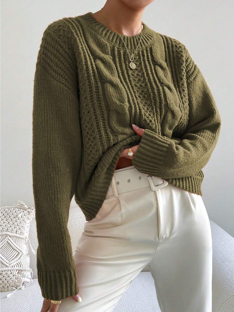 Chiquease 1pc Women Oversized Solid Color Round Neck Drop Shoulder Long Sleeve Casual Pullover Sweater, Autumn/Winter,Long Sleeve Tops Knit Pullover Fall Outfit
