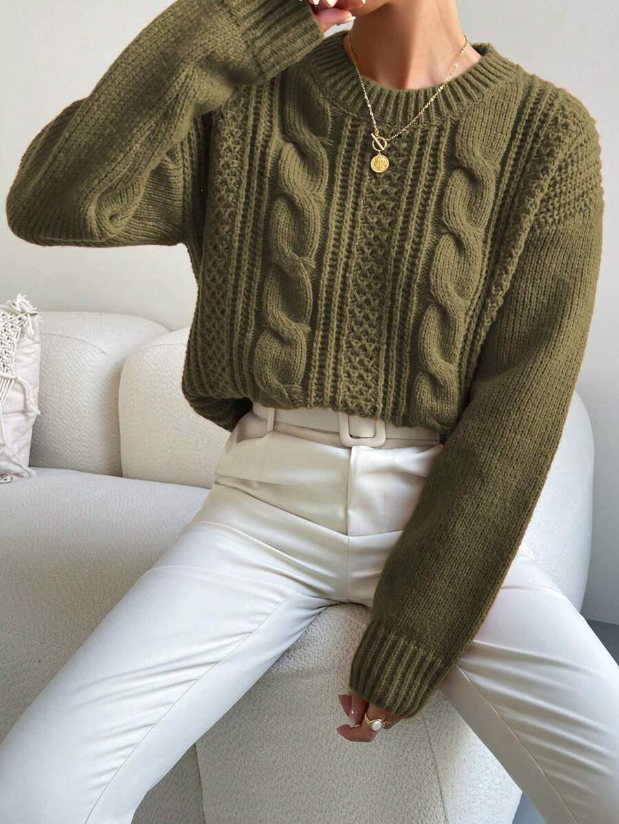 Chiquease 1pc Women Oversized Solid Color Round Neck Drop Shoulder Long Sleeve Casual Pullover Sweater, Autumn/Winter,Long Sleeve Tops Knit Pullover Fall Outfit