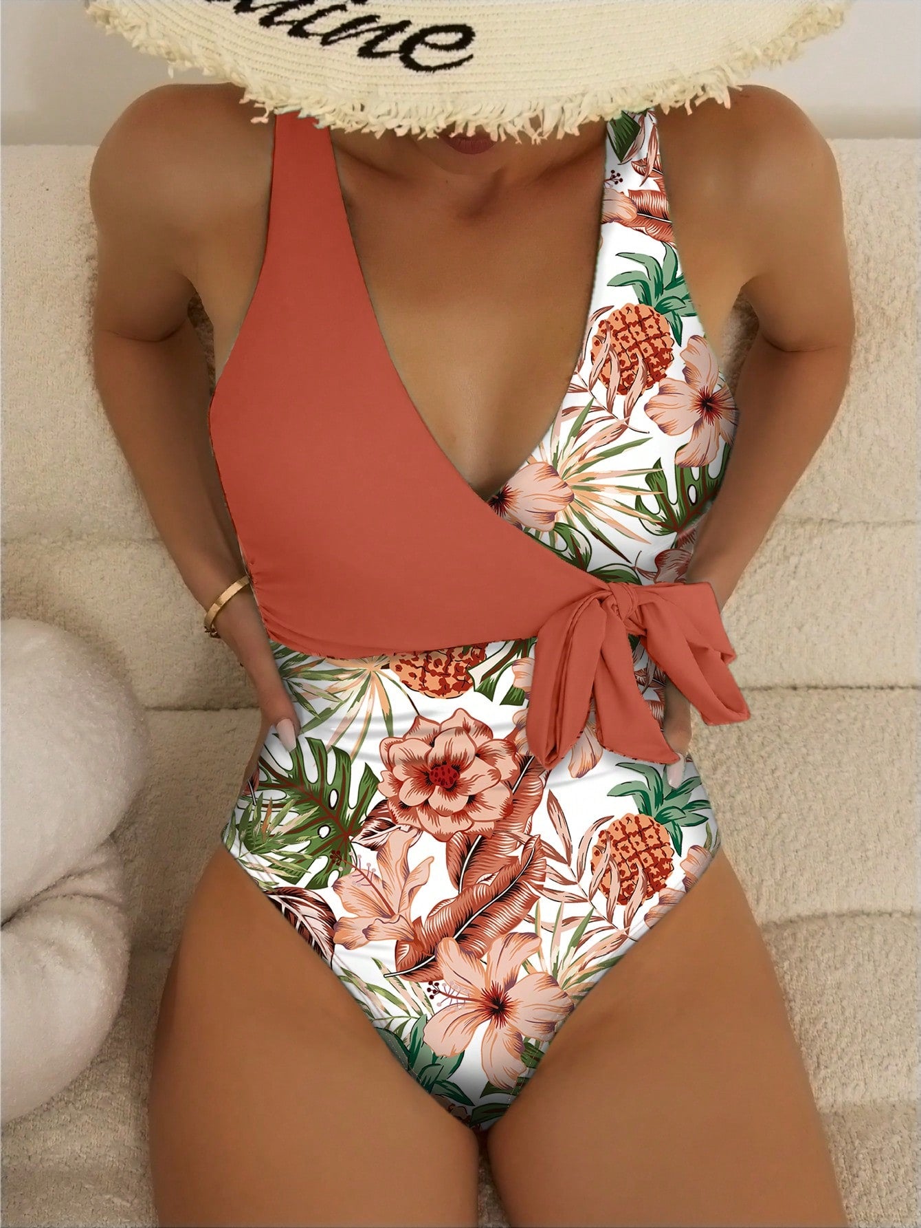 Swim Summer Beach Tropical Print Knot Side One Piece Swimsuit