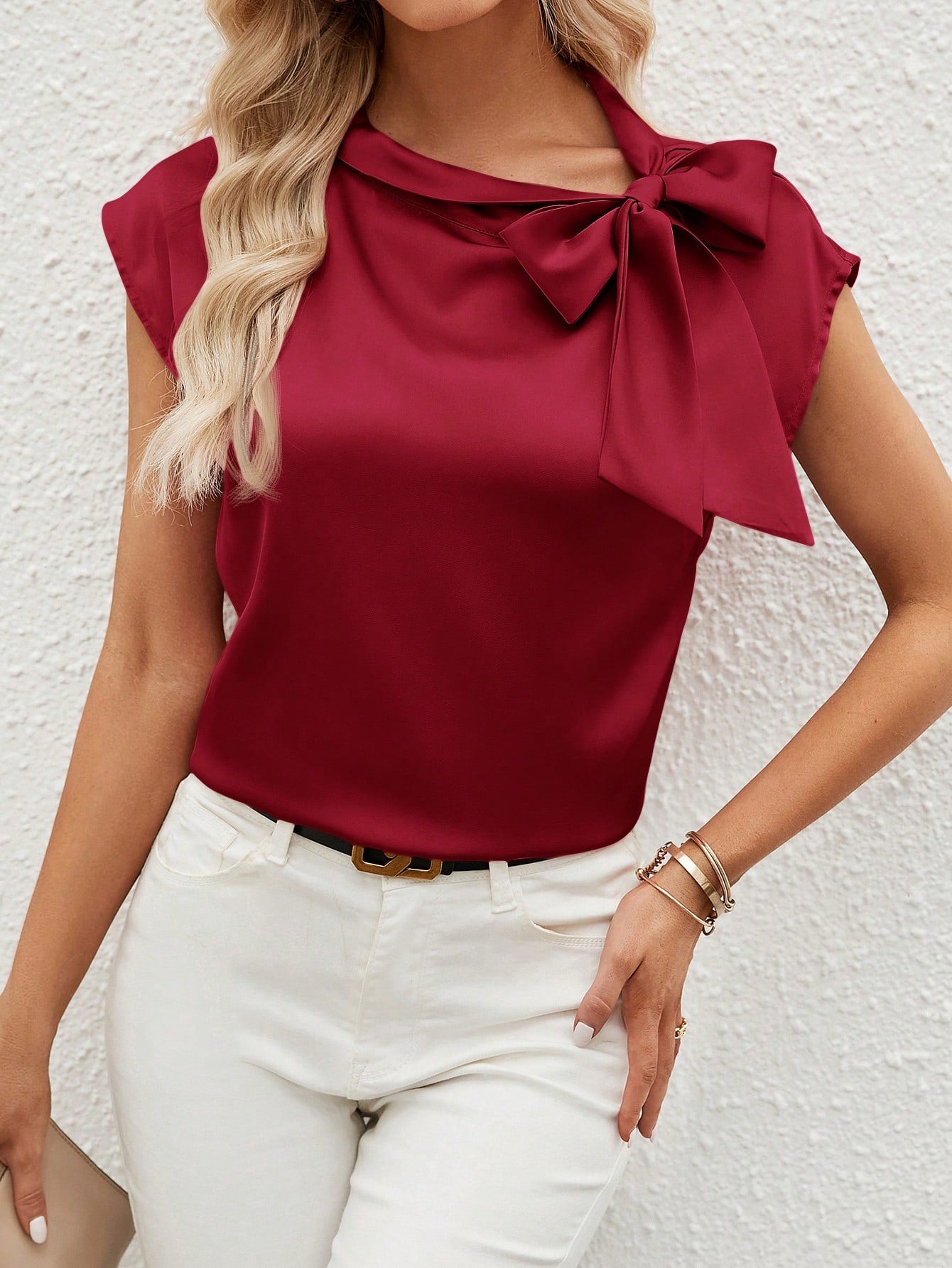 Classy Women Summer Elegant Solid Color Tie Collar Blouse.