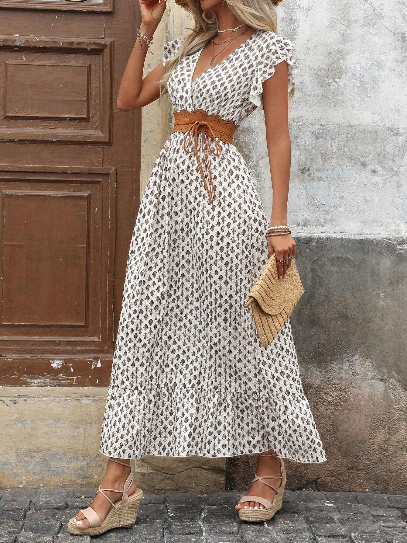 Women's Shirred All-Over Print Long Dress With Gathered Waist & Ruffle Sleeves.