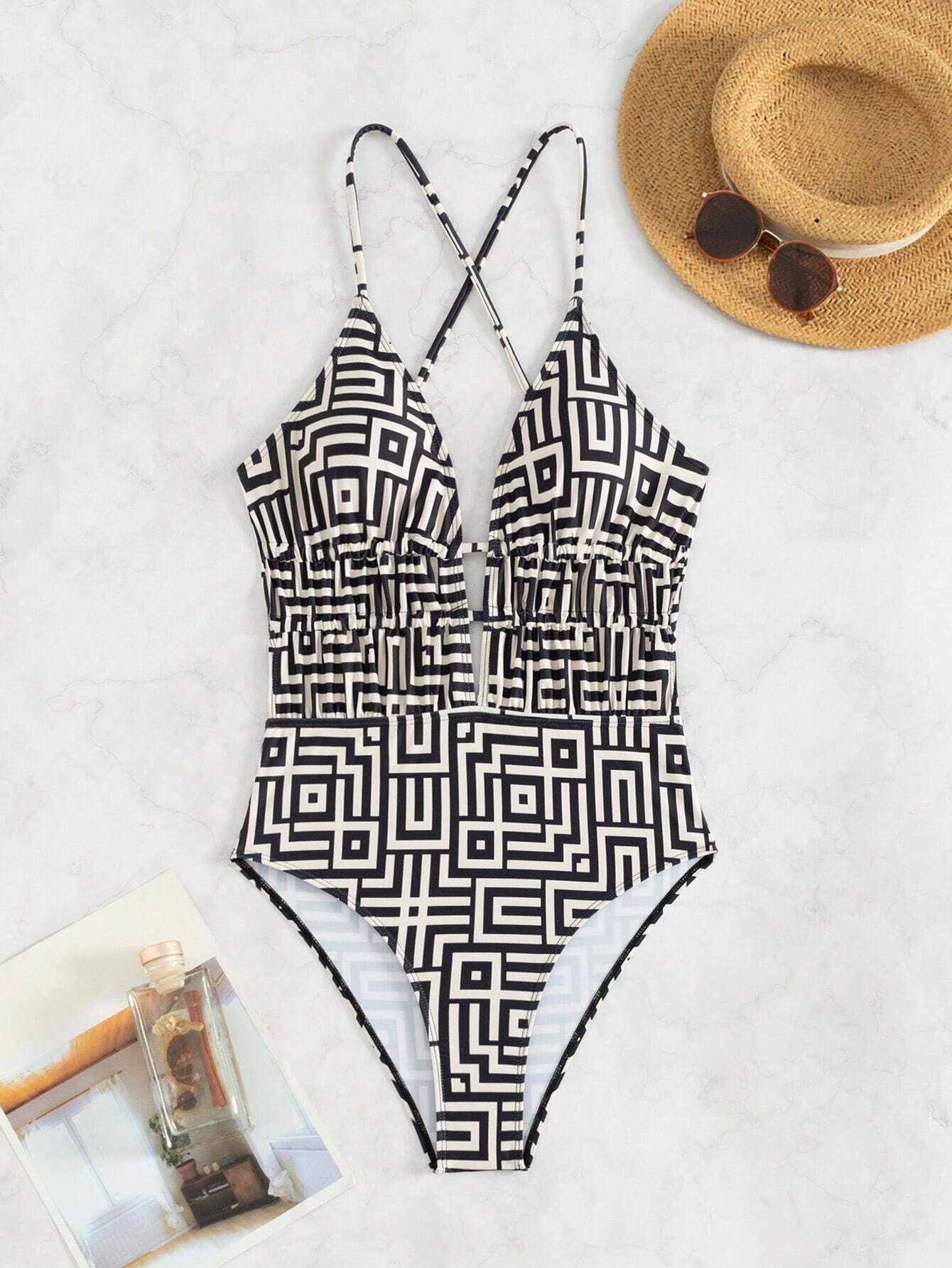 Women's Elegant Summer Beach One-Piece Swimsuit With Spaghetti Straps And Open Back.