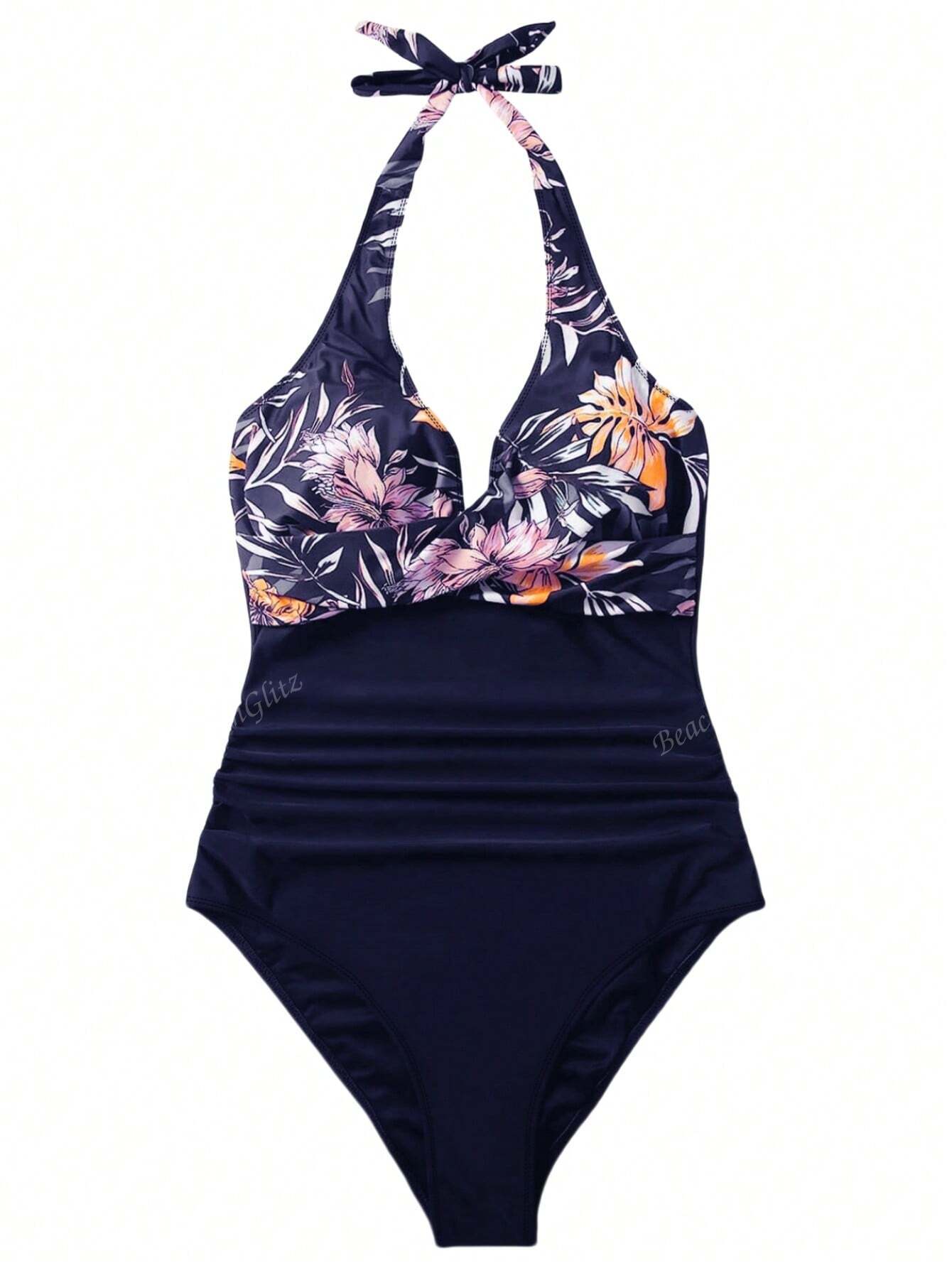 1pc Conservative Tree Leaf & Solid Color Pattern Swimsuit, Casual Beach Holiday Swimwear For Women