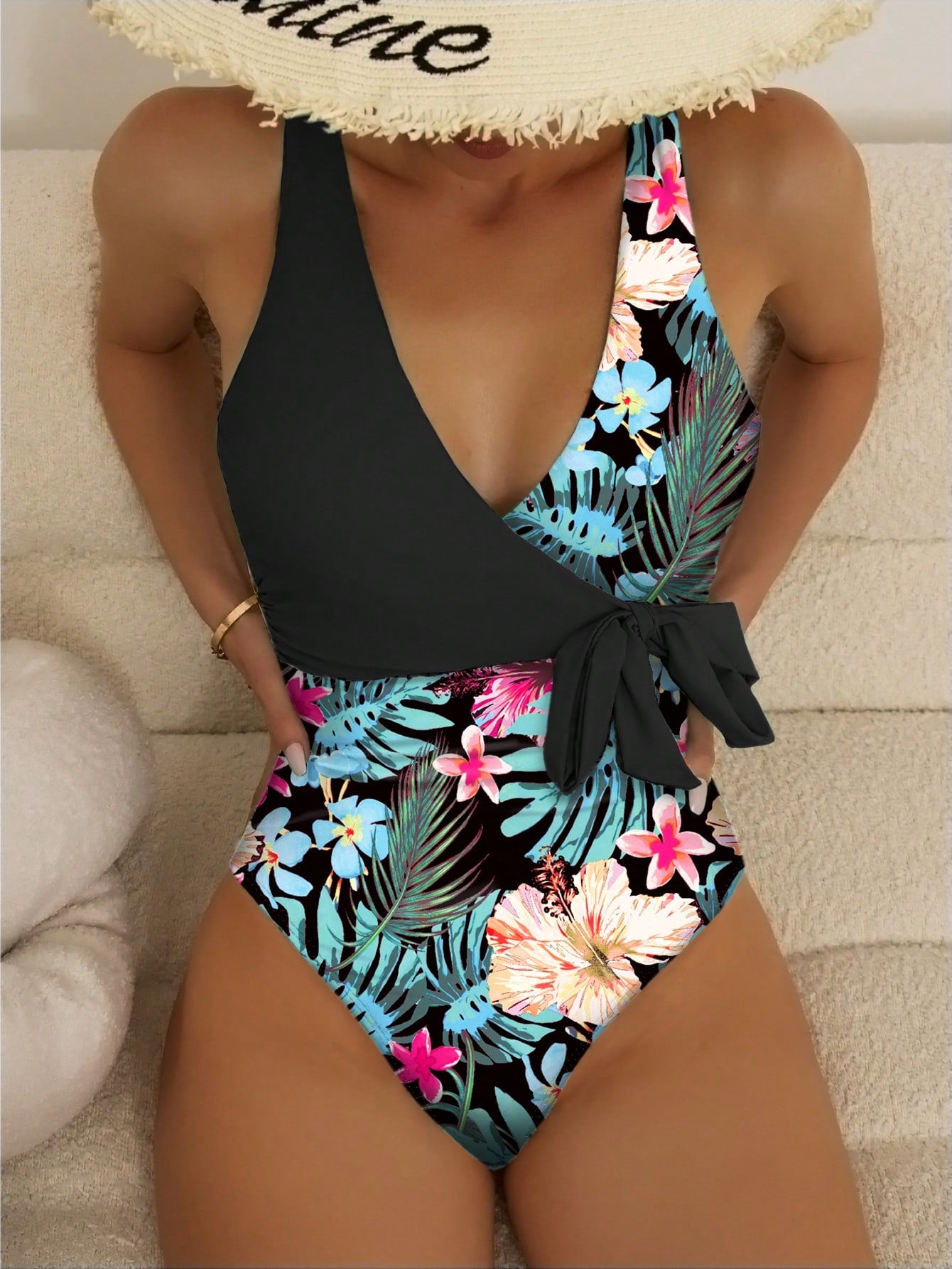 Swim Summer Beach Tropical Print Knot Side One Piece Swimsuit