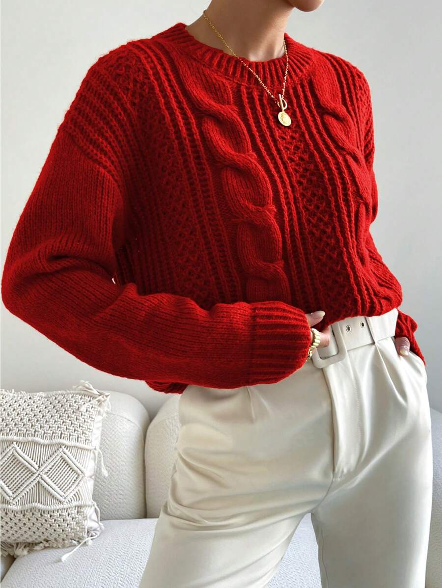 Chiquease 1pc Women Oversized Solid Color Round Neck Drop Shoulder Long Sleeve Casual Pullover Sweater, Autumn/Winter,Long Sleeve Tops Knit Pullover Fall Outfit