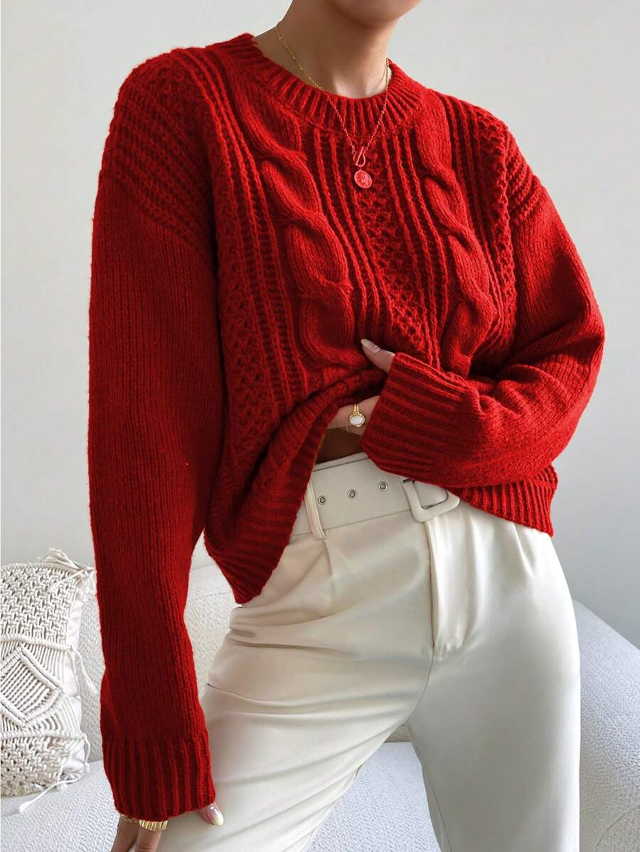 Chiquease 1pc Women Oversized Solid Color Round Neck Drop Shoulder Long Sleeve Casual Pullover Sweater, Autumn/Winter,Long Sleeve Tops Knit Pullover Fall Outfit