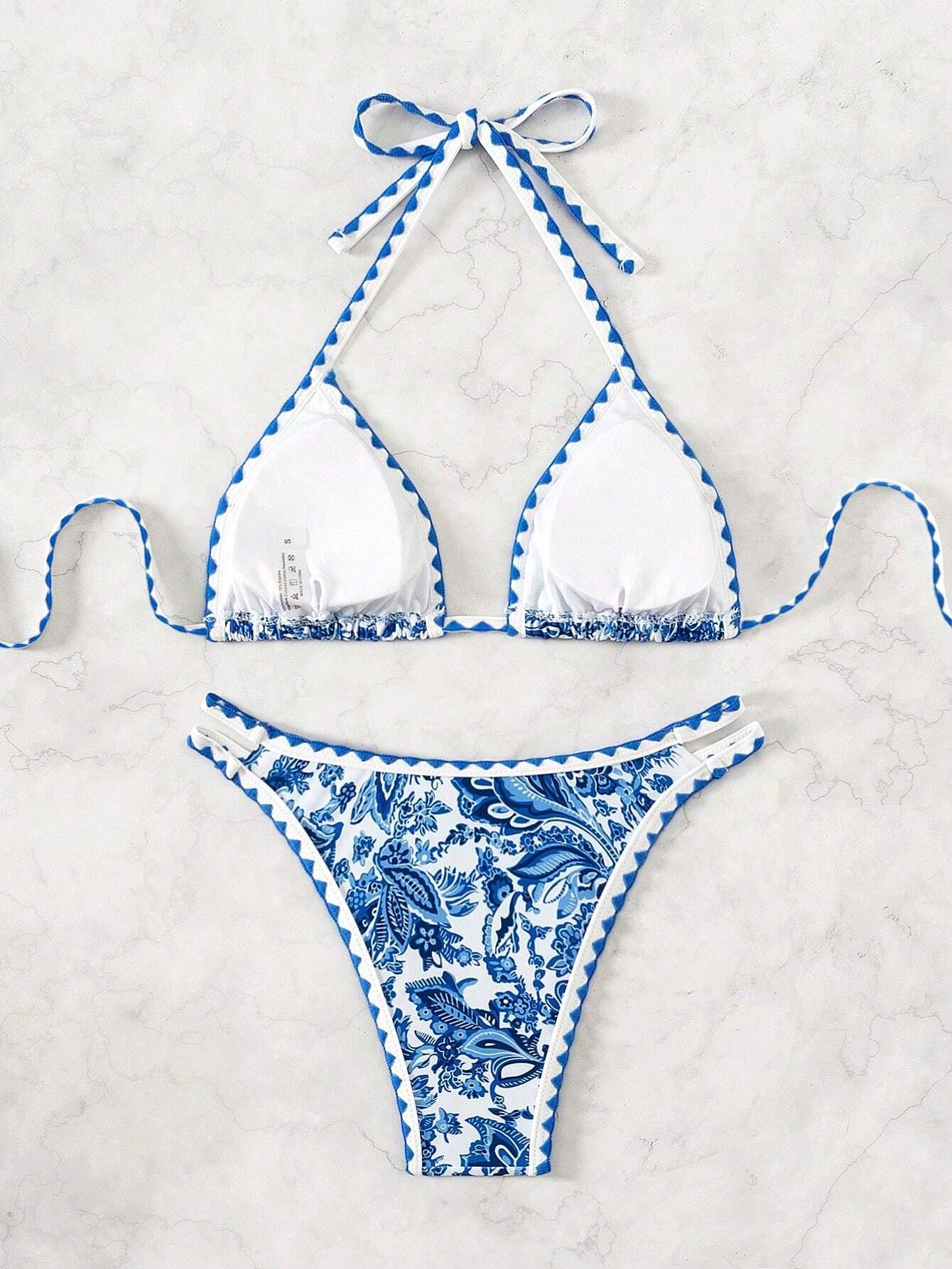 Women's Summer Beach Plant Printed Halter Neck Sexy Bikini Set