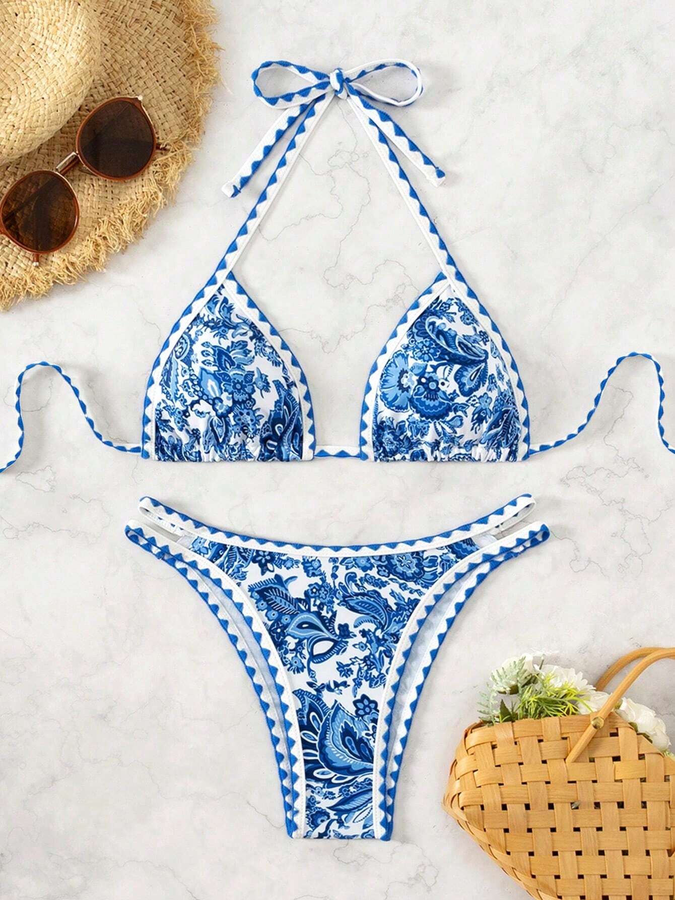 Women's Summer Beach Plant Printed Halter Neck Sexy Bikini Set