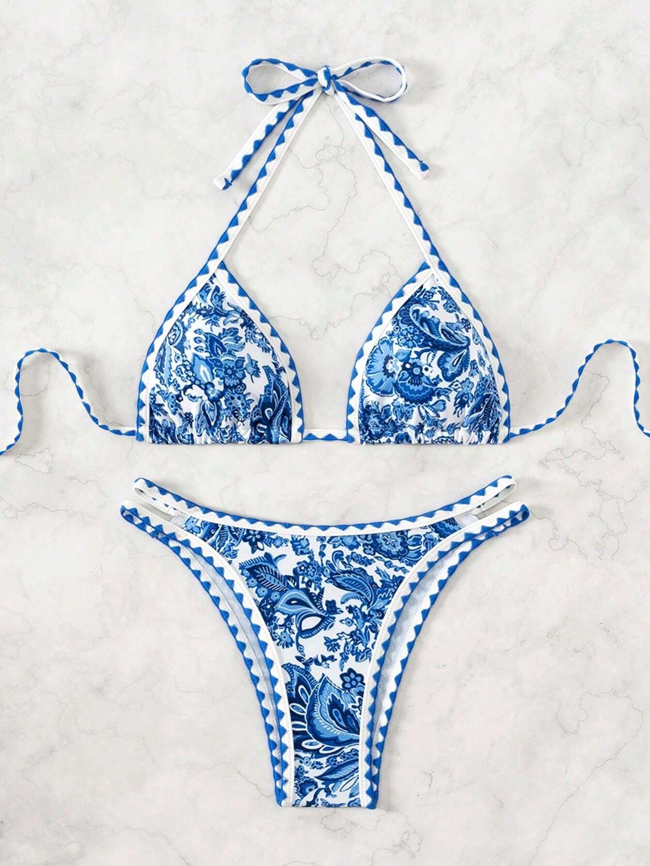 Women's Summer Beach Plant Printed Halter Neck Sexy Bikini Set