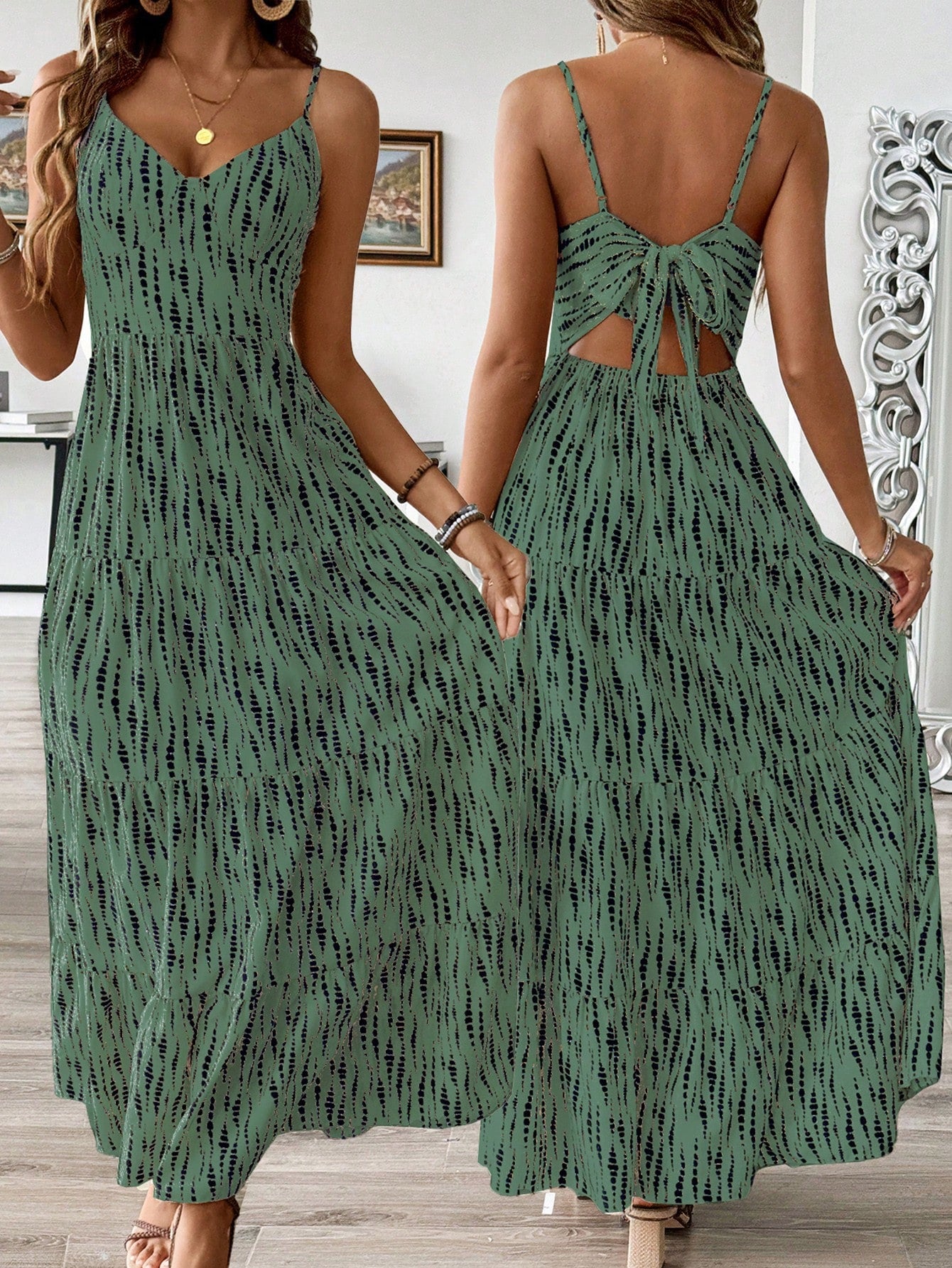 Women's Bohemian Style Belted Spaghetti Strap Patchwork Dress Maxi Vacation Beach Outfit