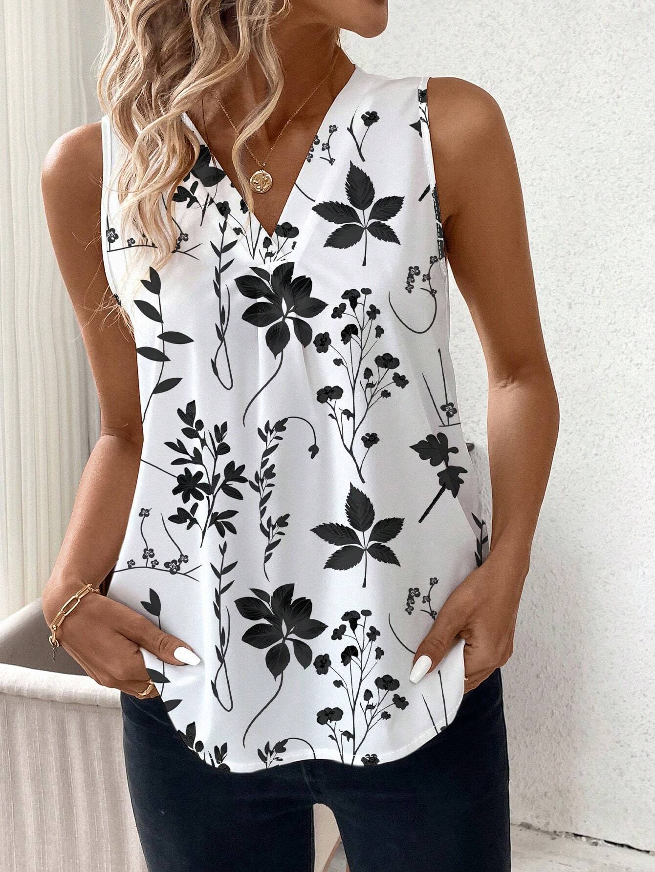 Classy Women's Casual Elegant Retro Floral V-Neck Sleeveless Blouse, Summer Work/Daily.