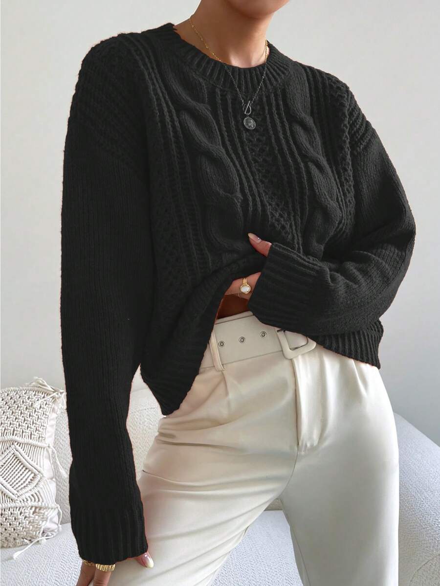 Chiquease 1pc Women Oversized Solid Color Round Neck Drop Shoulder Long Sleeve Casual Pullover Sweater, Autumn/Winter,Long Sleeve Tops Knit Pullover Fall Outfit