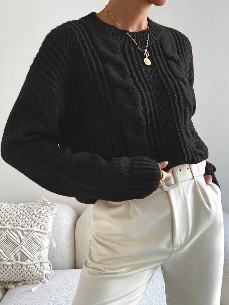 Chiquease 1pc Women Oversized Solid Color Round Neck Drop Shoulder Long Sleeve Casual Pullover Sweater, Autumn/Winter,Long Sleeve Tops Knit Pullover Fall Outfit