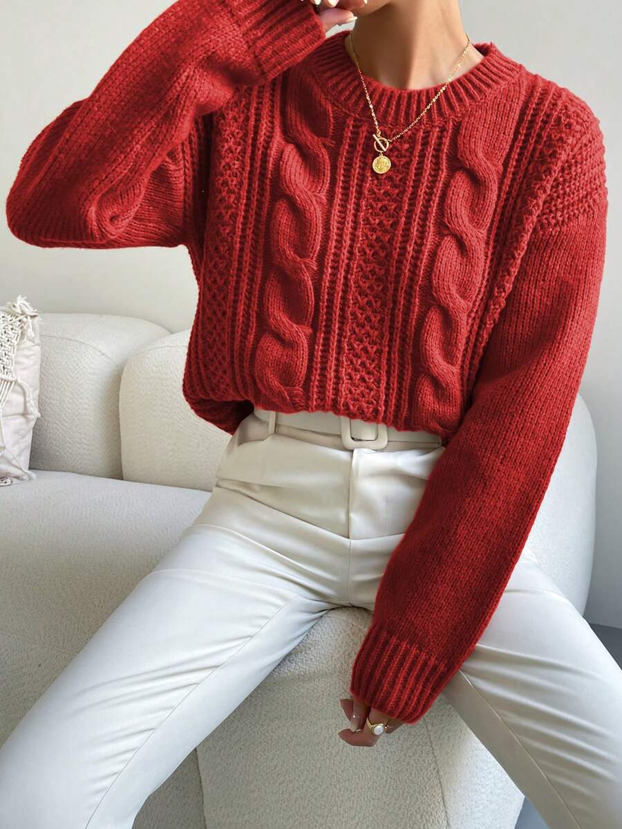 Chiquease 1pc Women Oversized Solid Color Round Neck Drop Shoulder Long Sleeve Casual Pullover Sweater, Autumn/Winter,Long Sleeve Tops Knit Pullover Fall Outfit