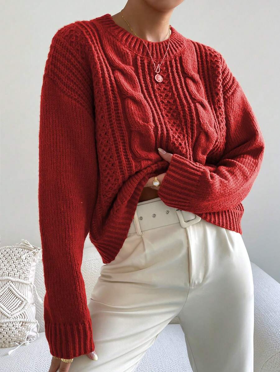 Chiquease 1pc Women Oversized Solid Color Round Neck Drop Shoulder Long Sleeve Casual Pullover Sweater, Autumn/Winter,Long Sleeve Tops Knit Pullover Fall Outfit