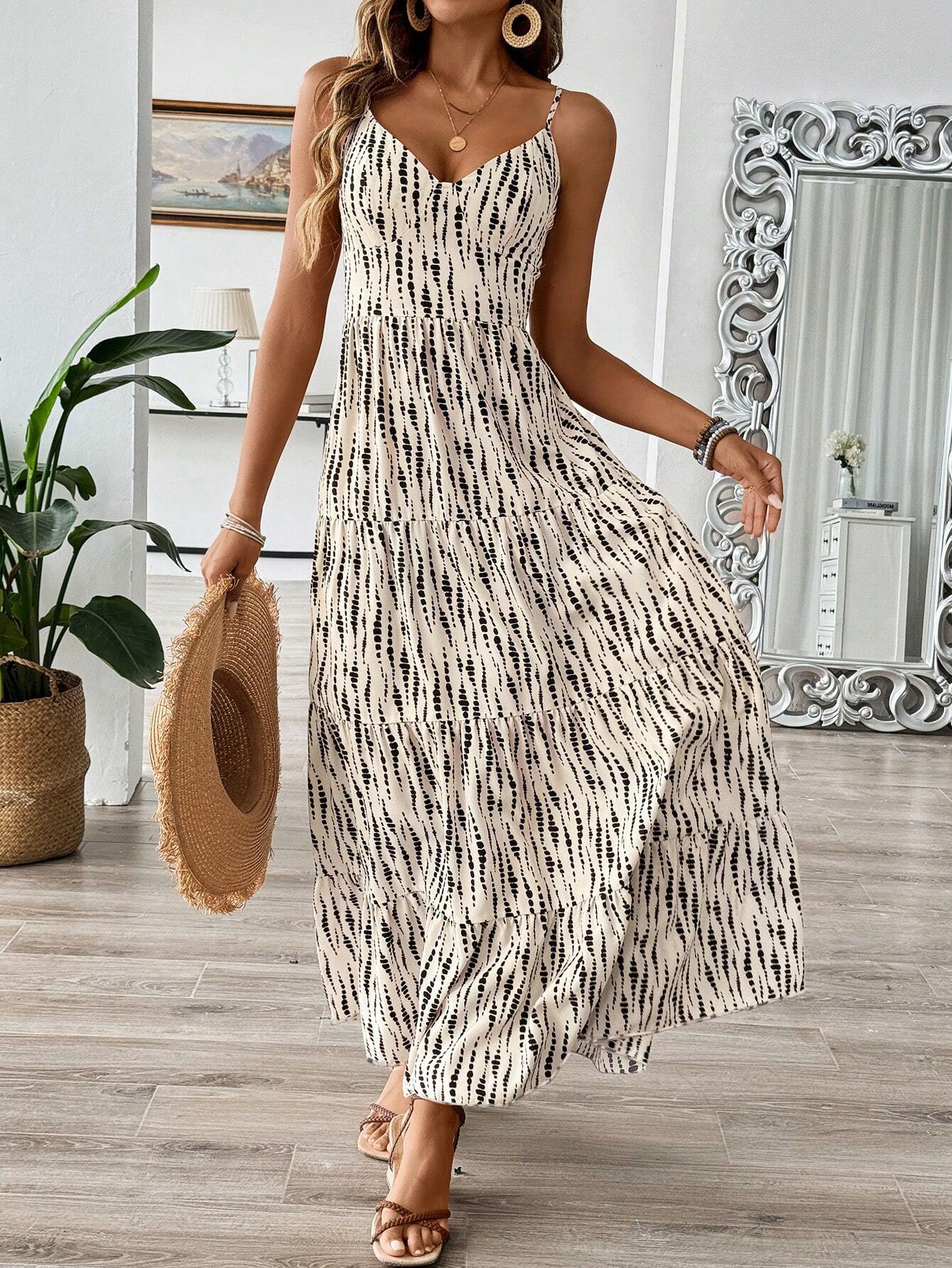 Women's Bohemian Style Belted Spaghetti Strap Patchwork Dress Maxi Vacation Beach Outfit