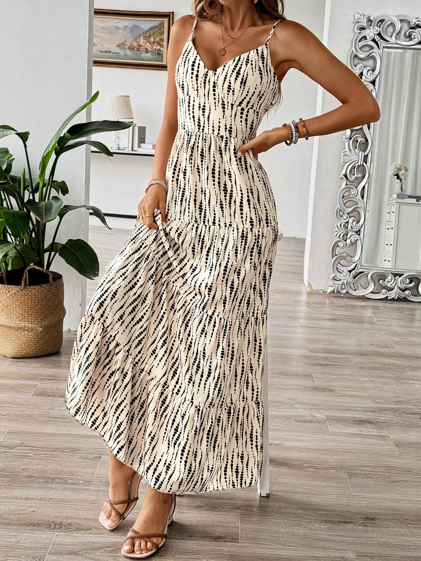 Women's Bohemian Style Belted Spaghetti Strap Patchwork Dress Maxi Vacation Beach Outfit
