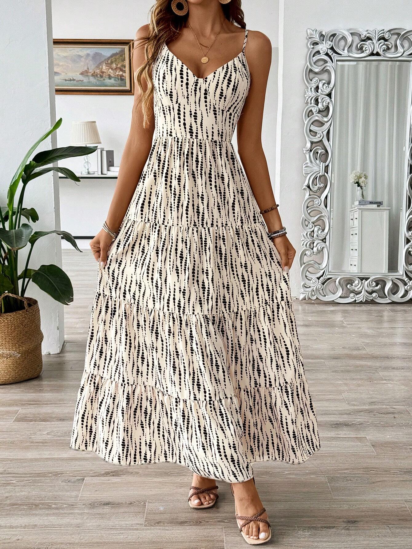 Women's Bohemian Style Belted Spaghetti Strap Patchwork Dress Maxi Vacation Beach Outfit