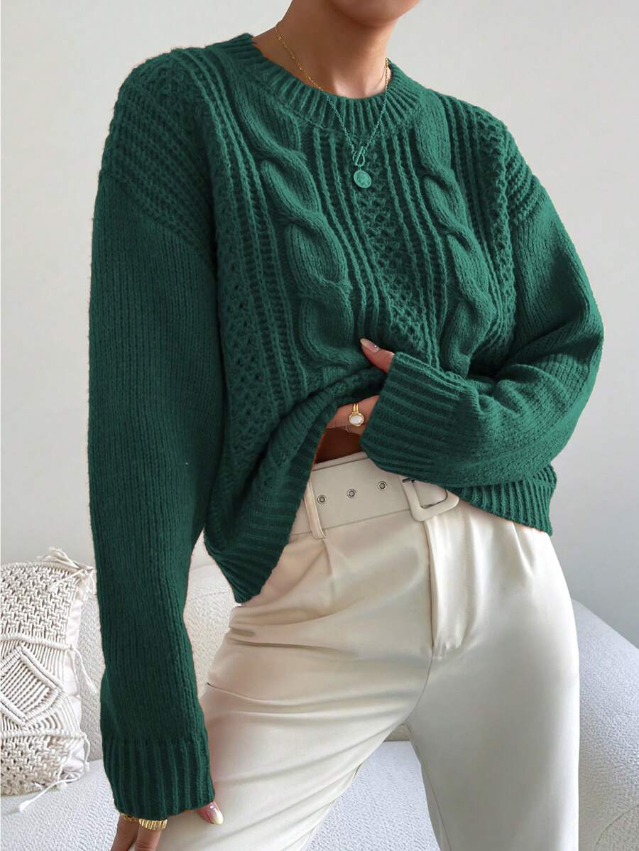 Chiquease 1pc Women Oversized Solid Color Round Neck Drop Shoulder Long Sleeve Casual Pullover Sweater, Autumn/Winter,Long Sleeve Tops Knit Pullover Fall Outfit