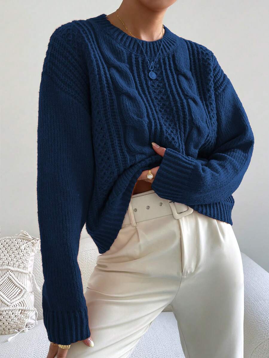 Chiquease 1pc Women Oversized Solid Color Round Neck Drop Shoulder Long Sleeve Casual Pullover Sweater, Autumn/Winter,Long Sleeve Tops Knit Pullover Fall Outfit