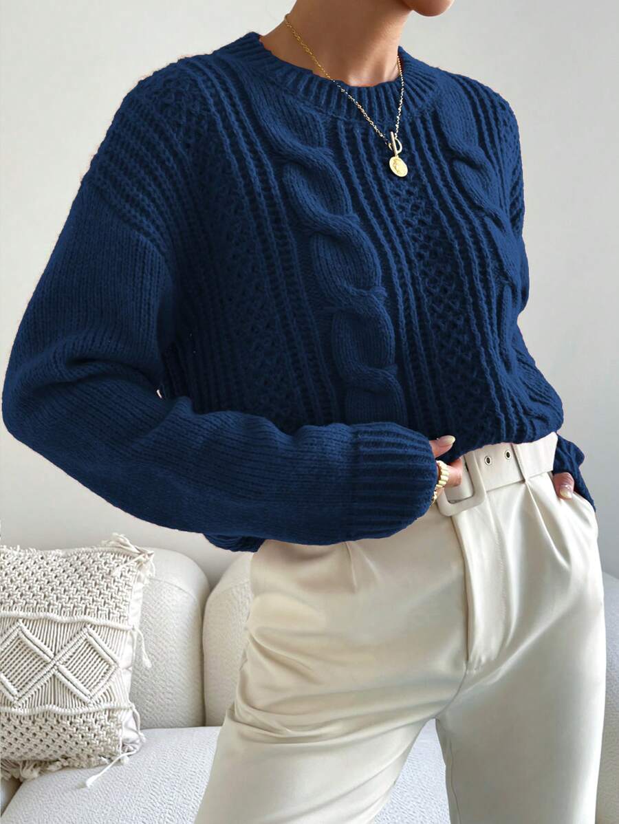 Chiquease 1pc Women Oversized Solid Color Round Neck Drop Shoulder Long Sleeve Casual Pullover Sweater, Autumn/Winter,Long Sleeve Tops Knit Pullover Fall Outfit