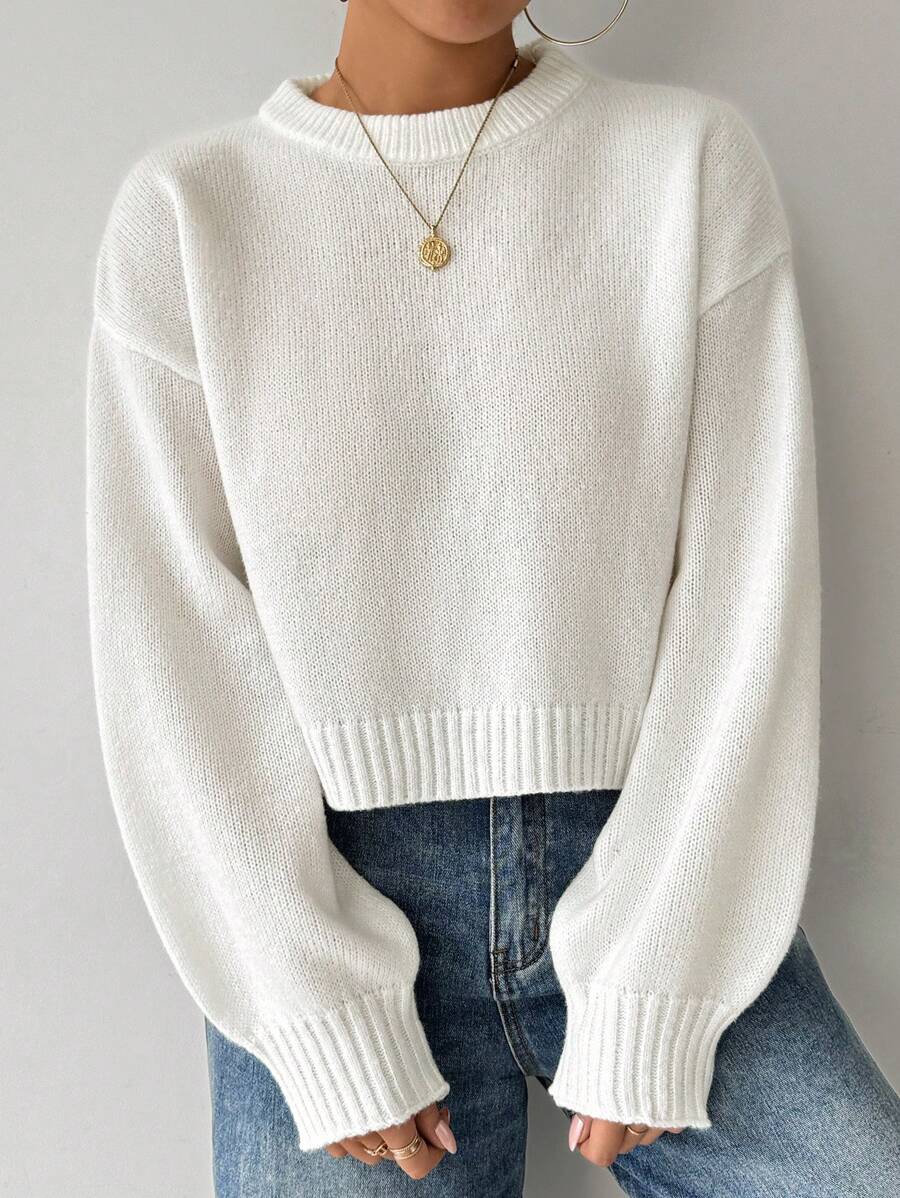 Celisse Tropiluxe Women's Solid Color Simple Casual Crew Neck Long Sleeve White Sweater