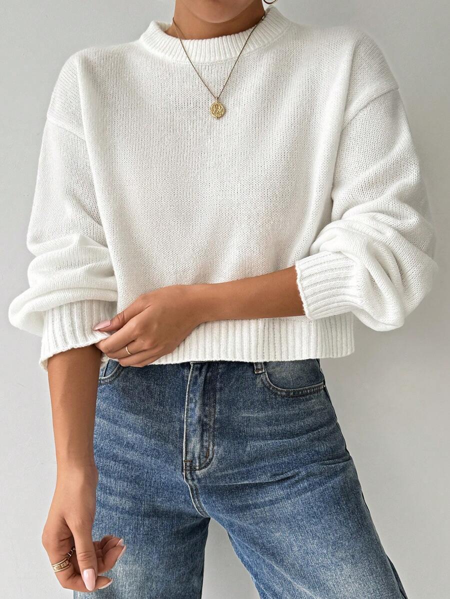 Celisse Tropiluxe Women's Solid Color Simple Casual Crew Neck Long Sleeve White Sweater
