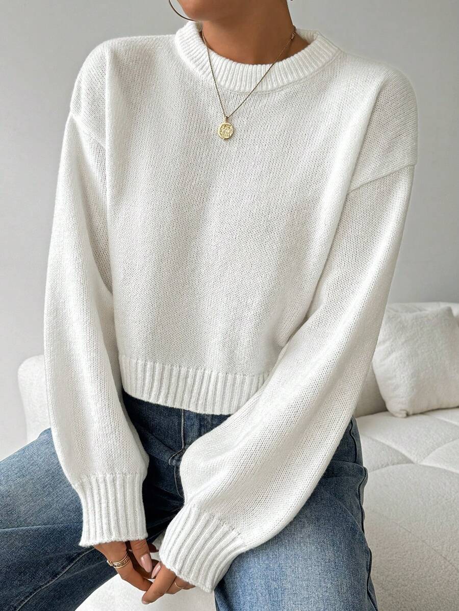 Celisse Tropiluxe Women's Solid Color Simple Casual Crew Neck Long Sleeve White Sweater