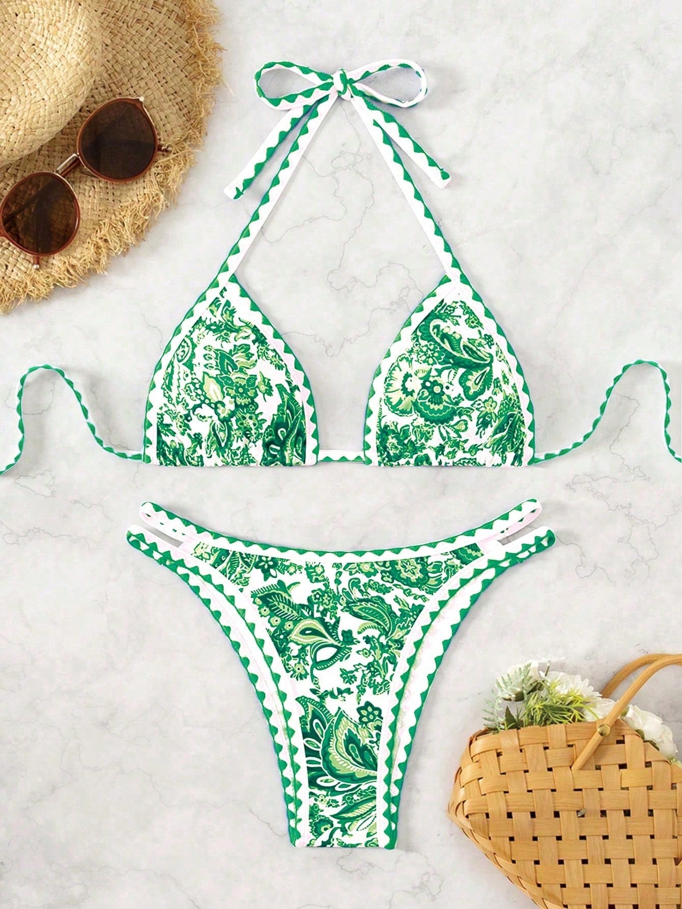 Women's Summer Beach Plant Printed Halter Neck Sexy Bikini Set