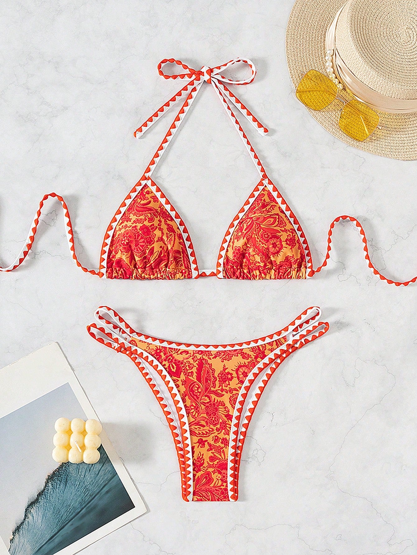 Women's Summer Beach Plant Printed Halter Neck Sexy Bikini Set