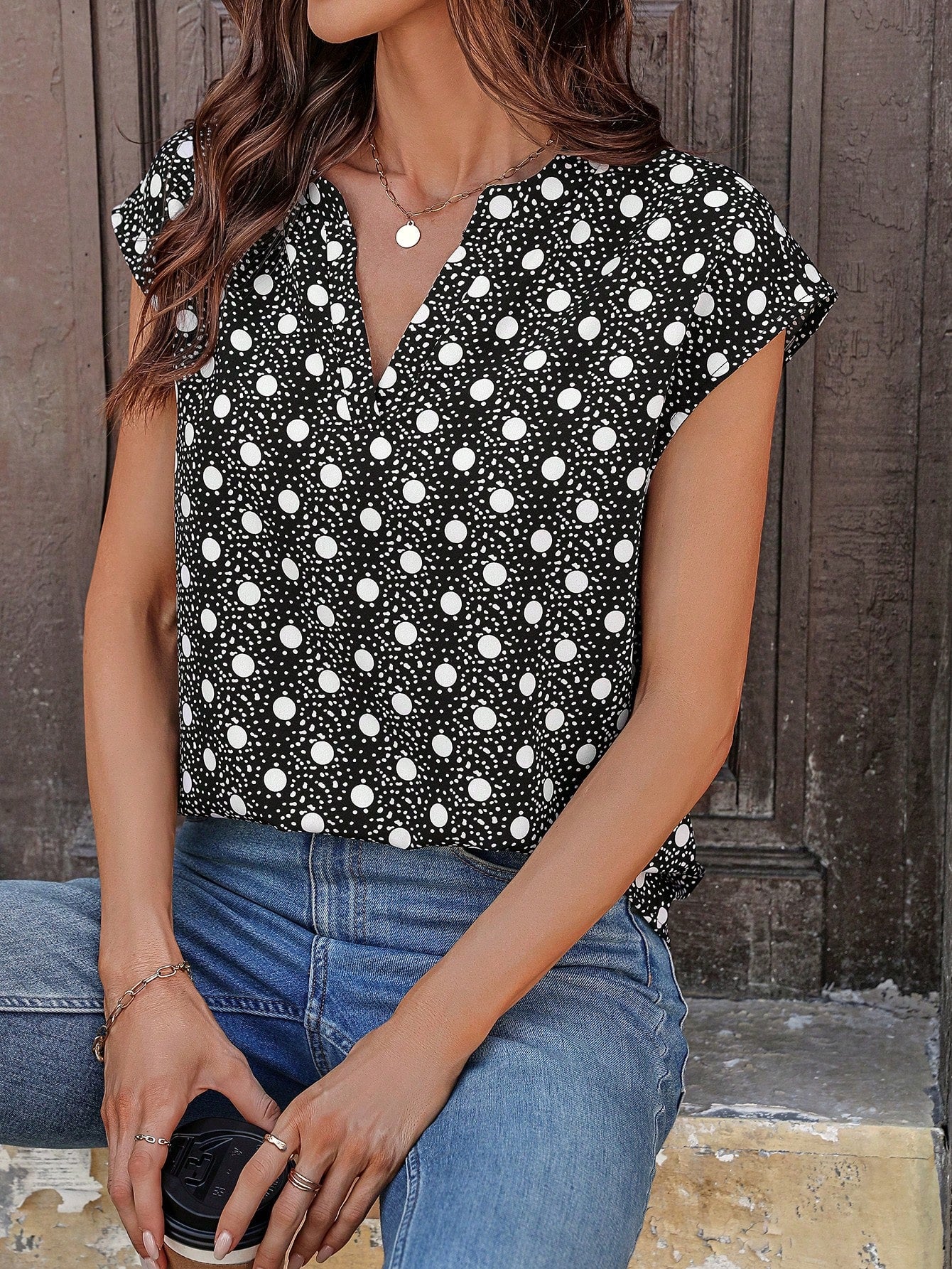 Women's Striped Print Notched Neckline Batwing Sleeve Blouse.