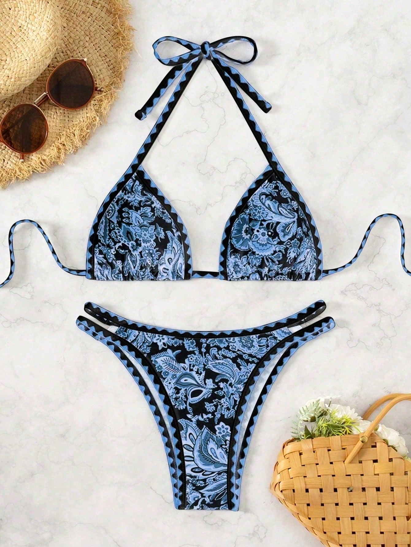 Women's Summer Beach Plant Printed Halter Neck Sexy Bikini Set
