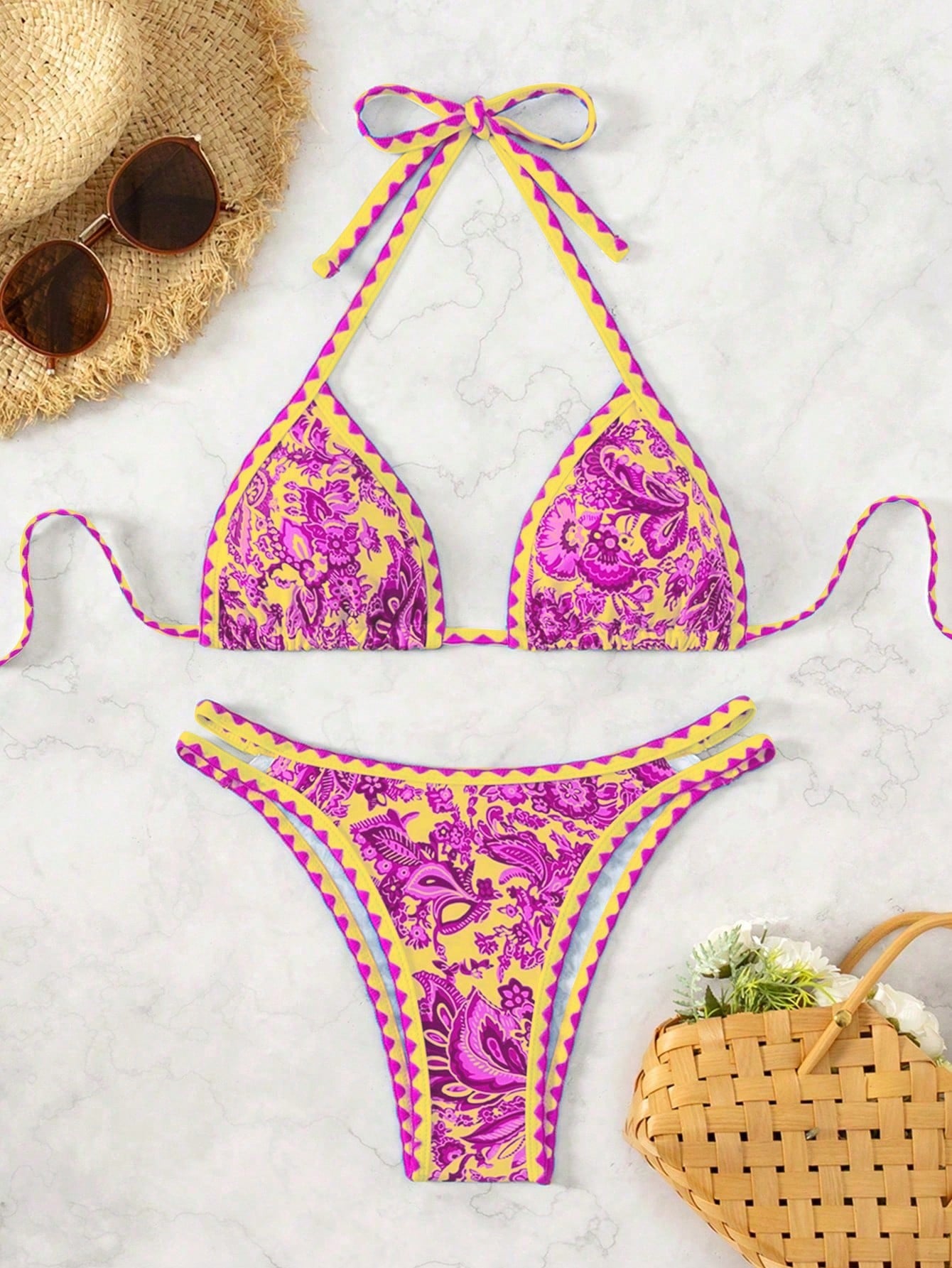 Women's Summer Beach Plant Printed Halter Neck Sexy Bikini Set