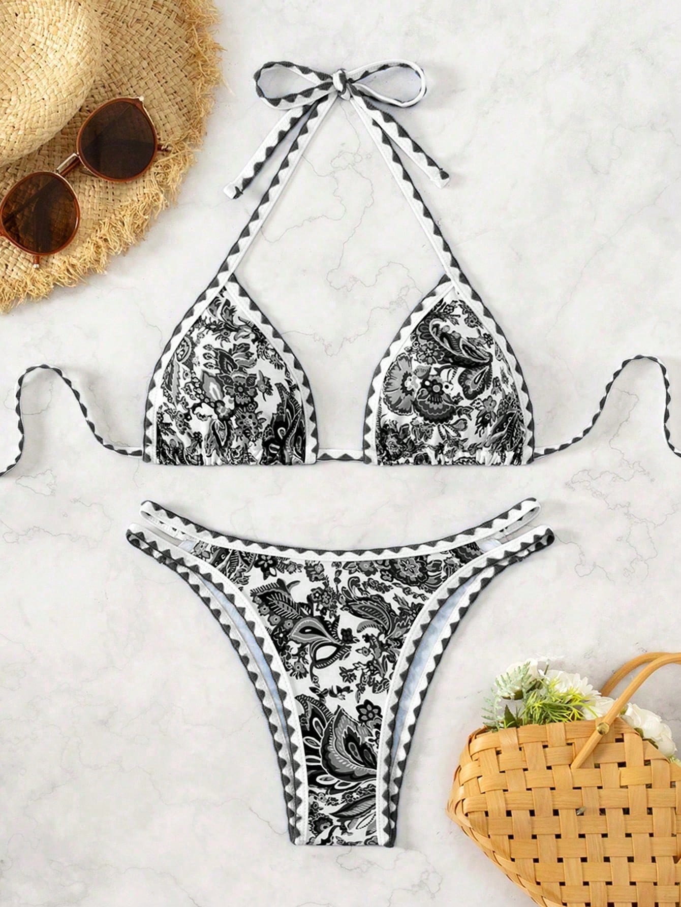 Women's Summer Beach Plant Printed Halter Neck Sexy Bikini Set