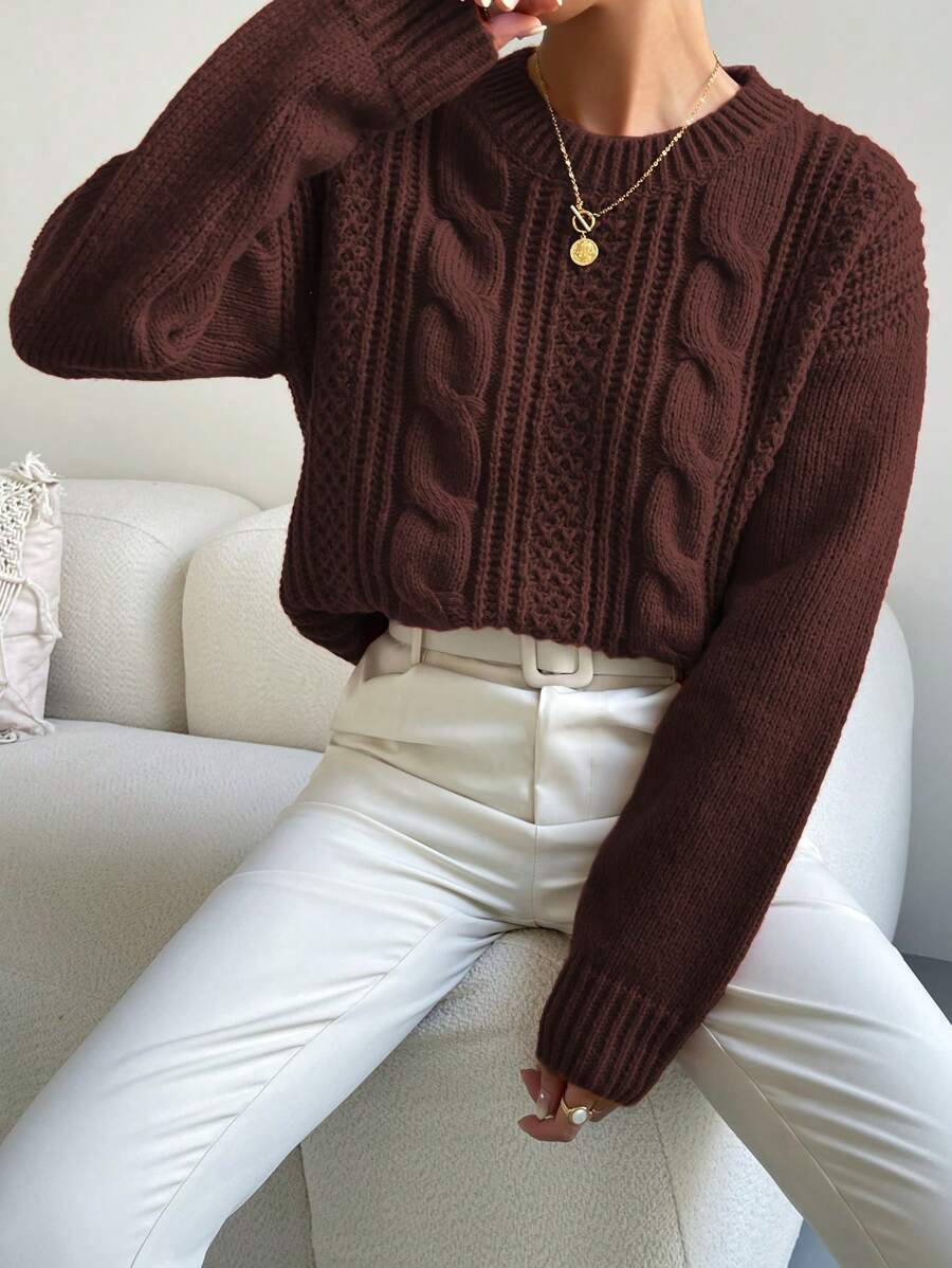 Chiquease 1pc Women Oversized Solid Color Round Neck Drop Shoulder Long Sleeve Casual Pullover Sweater, Autumn/Winter,Long Sleeve Tops Knit Pullover Fall Outfit