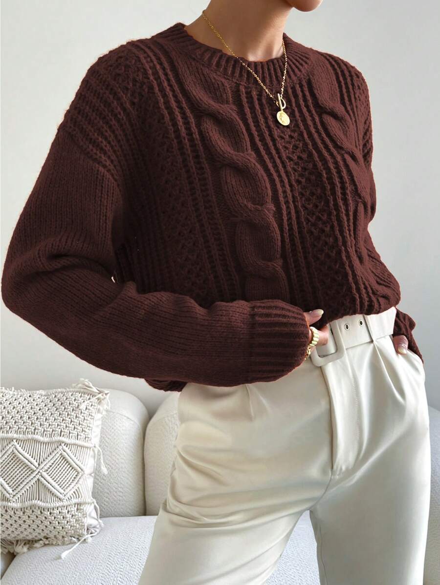 Chiquease 1pc Women Oversized Solid Color Round Neck Drop Shoulder Long Sleeve Casual Pullover Sweater, Autumn/Winter,Long Sleeve Tops Knit Pullover Fall Outfit