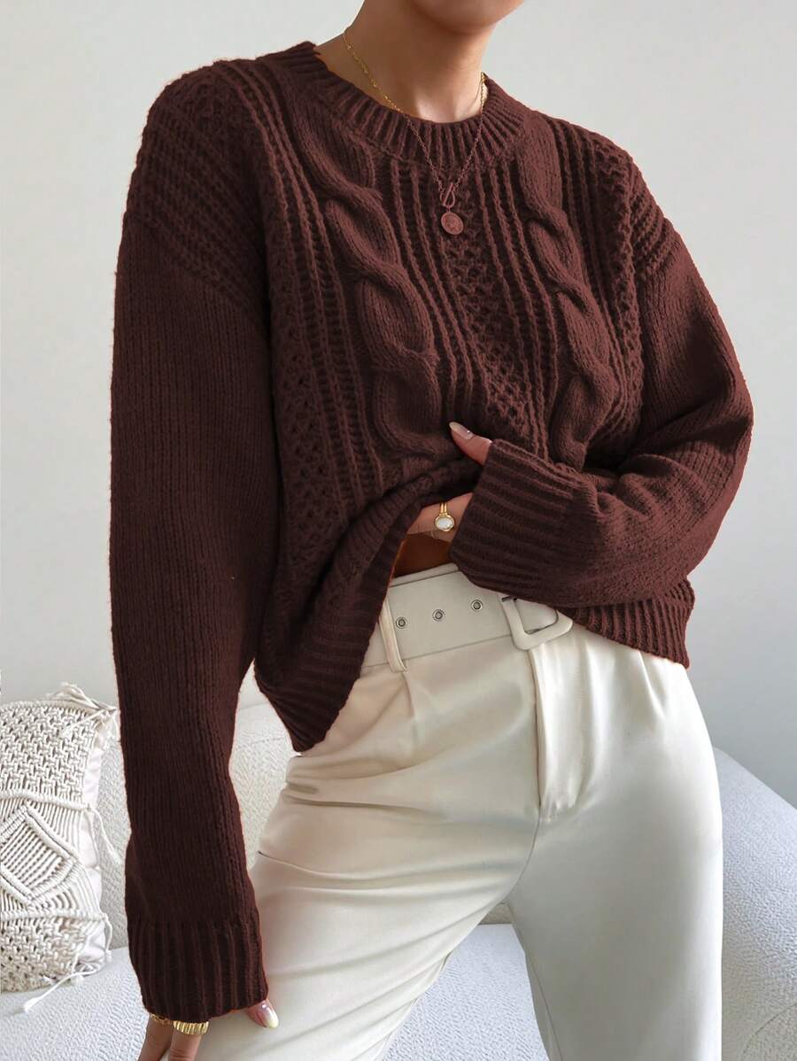 Chiquease 1pc Women Oversized Solid Color Round Neck Drop Shoulder Long Sleeve Casual Pullover Sweater, Autumn/Winter,Long Sleeve Tops Knit Pullover Fall Outfit