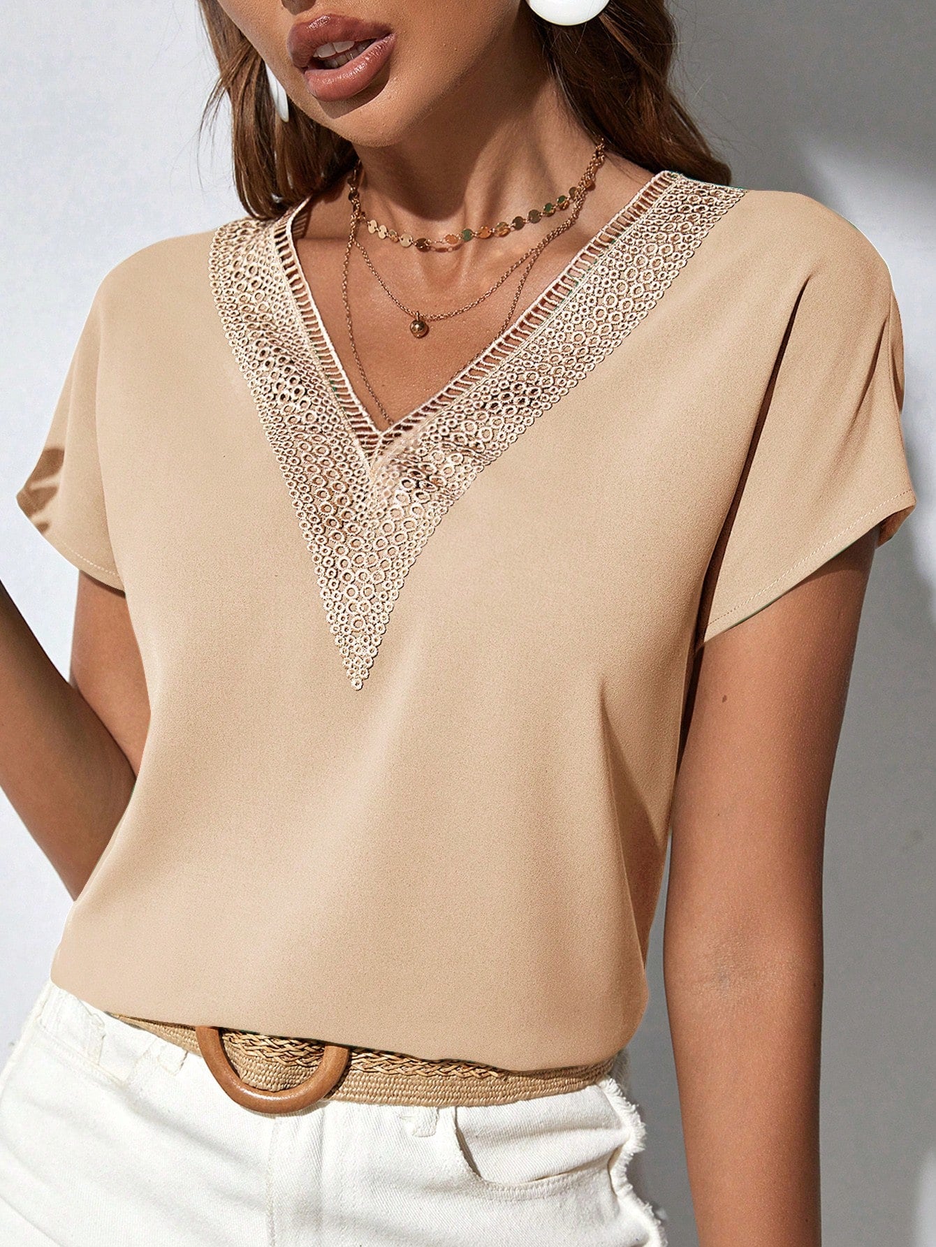 Classy Contrast Guipure Lace Dolman Sleeve Blouse, Short Sleeve Tops.